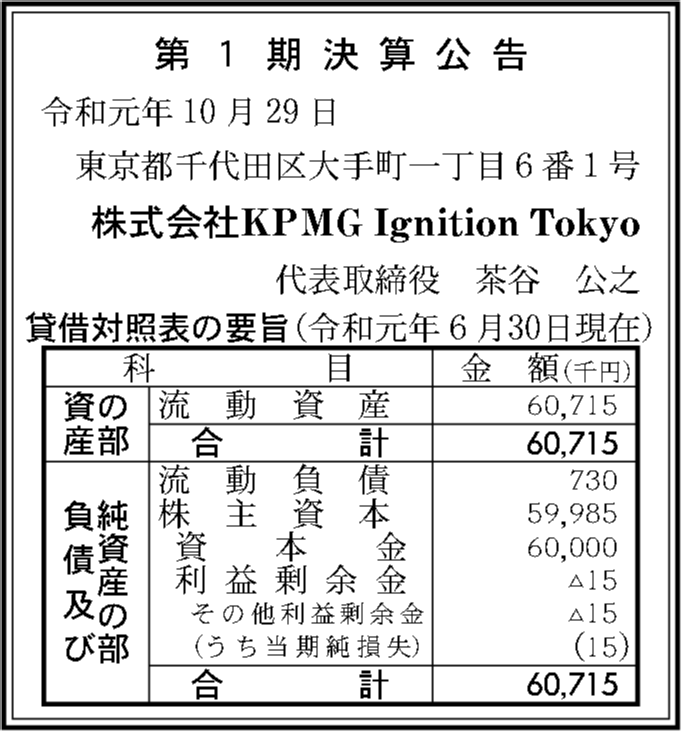 株式会社KPMG Ignition Tokyo 第1期決算公告 官報決算データベース