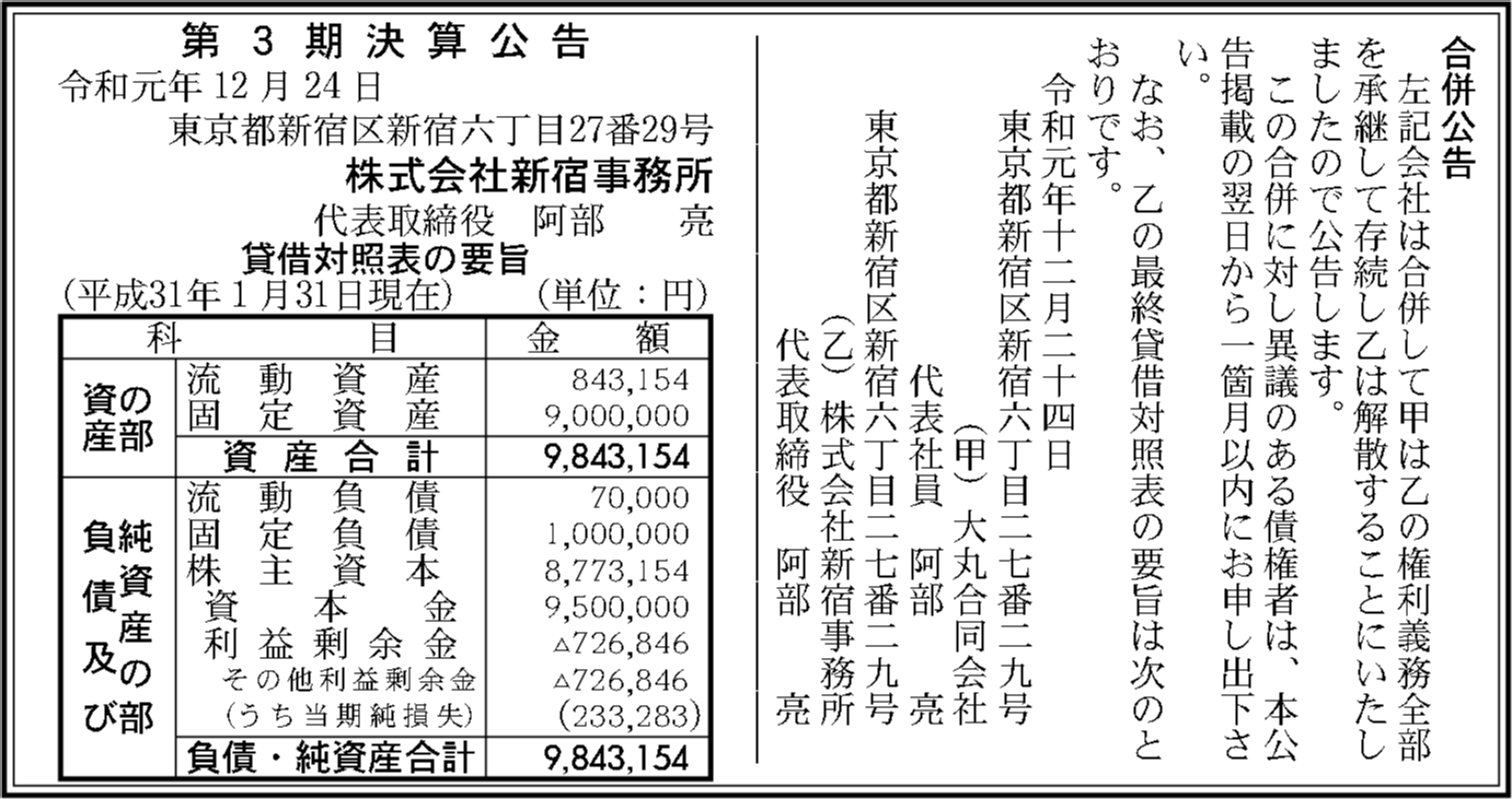 株式会社新宿事務所 第3期決算公告 官報決算データベース