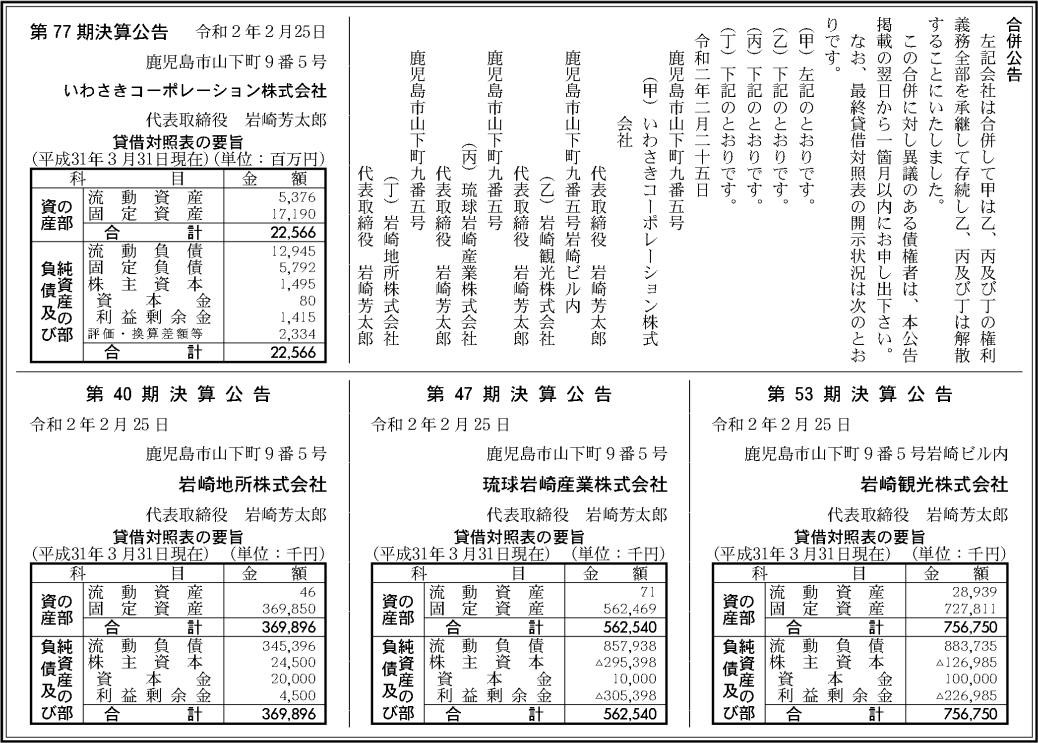 琉球岩崎産業株式会社 第47期決算公告 官報決算データベース