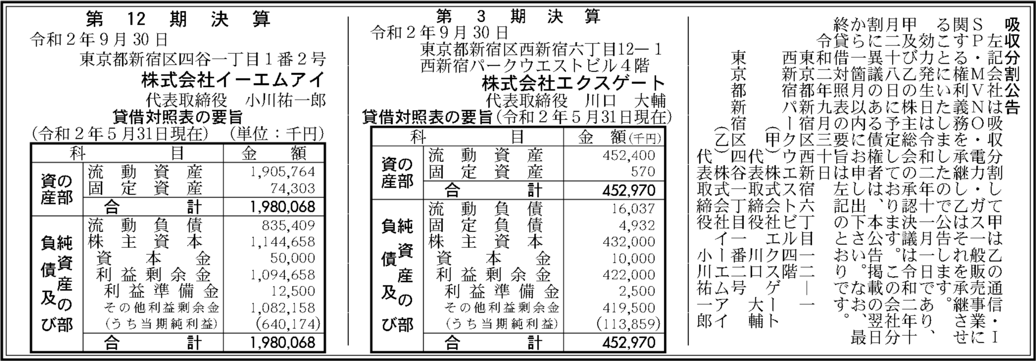 株式会社エクスゲート 第３期決算公告 官報決算データベース