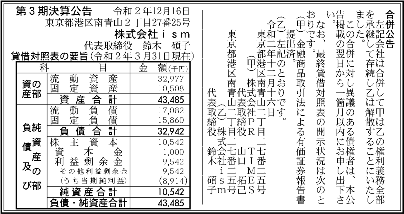株式会社ism 第3期決算公告 官報決算データベース
