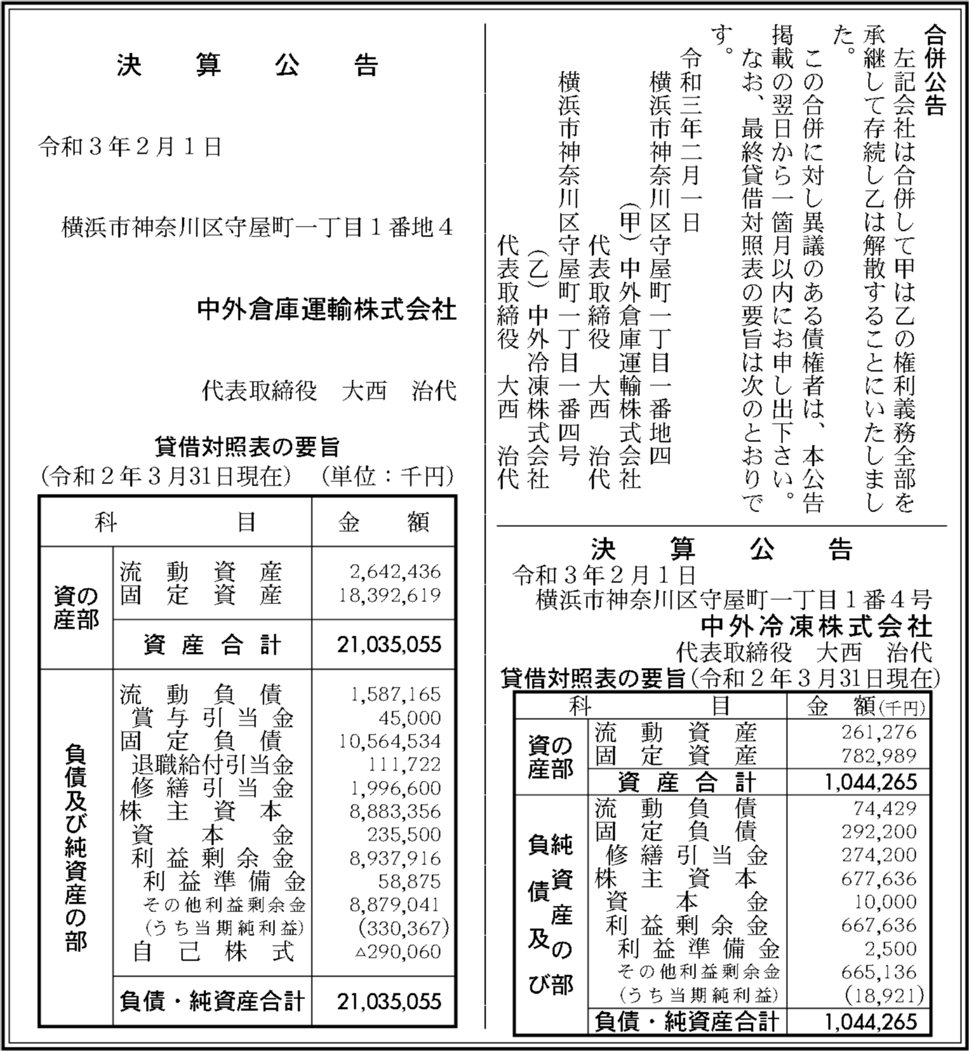 中外倉庫運輸株式会社 決算公告 官報決算データベース