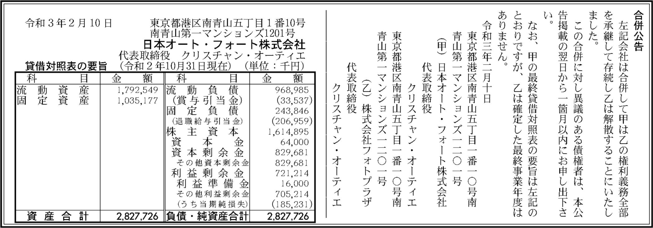 日本オート フォート株式会社 貸借対照表の要旨 官報決算データベース
