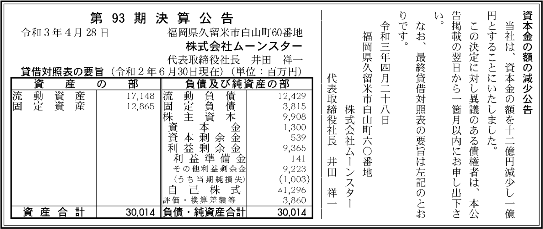 株式会社ムーンスター 第93期決算公告 官報決算データベース
