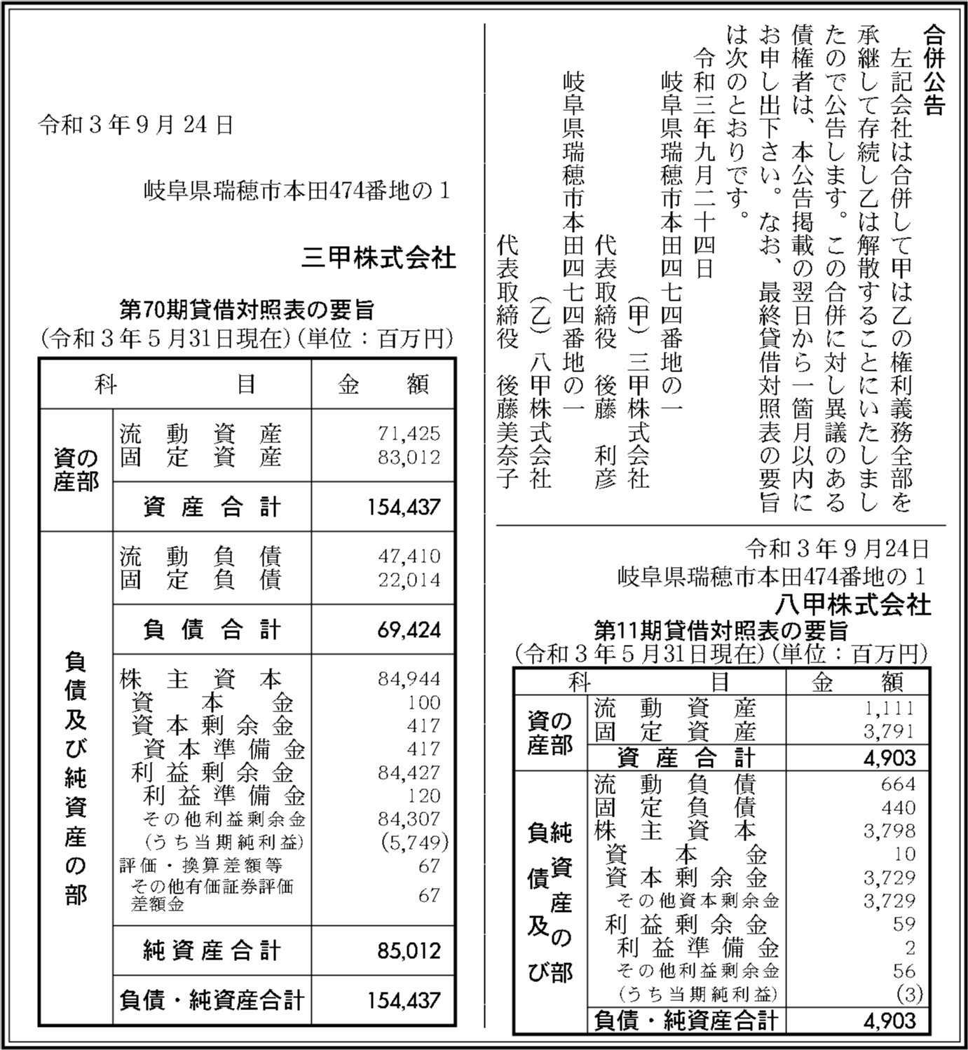 三甲株式会社 第70期貸借対照表の要旨 官報決算データベース