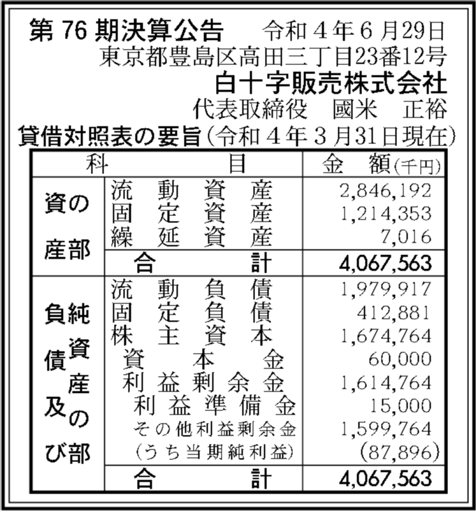白十字販売株式会社 第76期決算公告 官報決算データベース