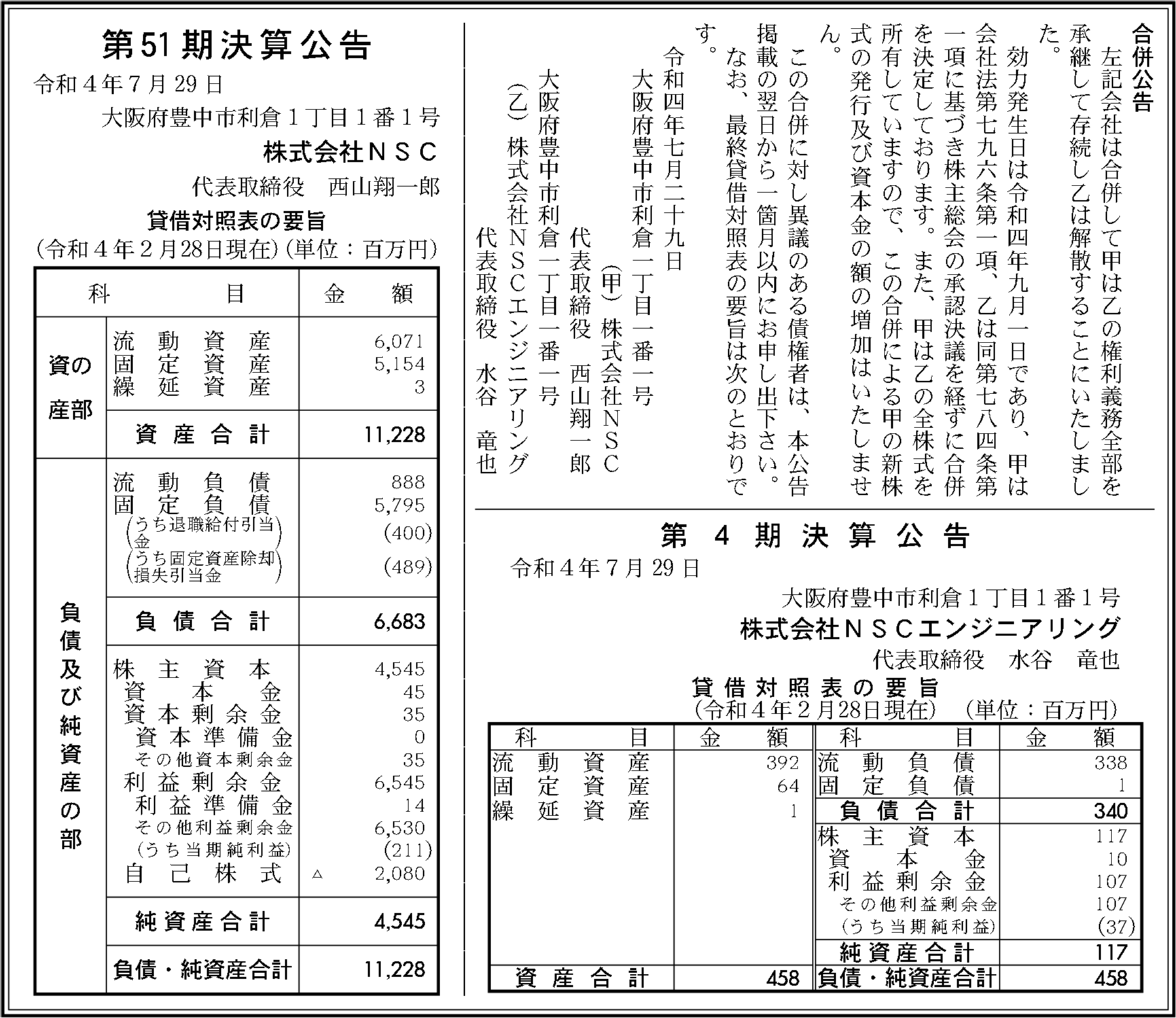 株式会社nscエンジニアリング 第4期決算公告 官報決算データベース
